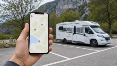 Smartphone mit Stellplatzkarte vor einem geparkten Wohnmobil