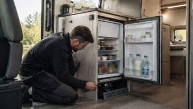 Geöffneter Kompressor-Kühlschrank im Wohnmobil während der technischen Anschlusskontrolle