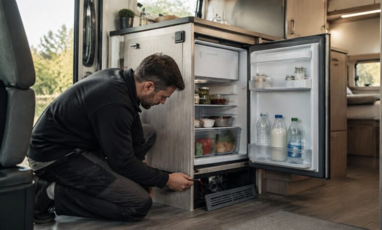Geöffneter Kompressor-Kühlschrank im Wohnmobil während der technischen Anschlusskontrolle