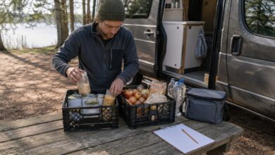 Geeignete haltbare Lebensmittel in Kisten neben einer Checkliste am Wohnmobil