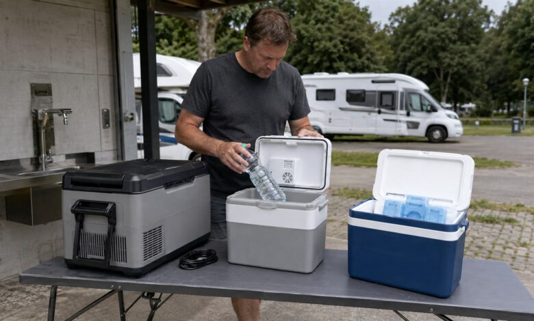 Drei unterschiedliche Camping-Kühlboxen vor einem Wohnmobil im Vergleich