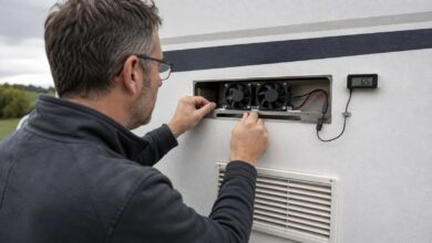 Zwei Zusatzlüfter hinter dem Lüftungsgitter eines Camping-Kühlschranks