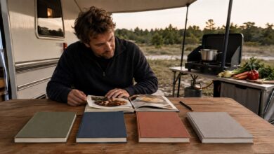 Fünf Kochbücher auf einer Arbeitsfläche in einer hellen Campingküche