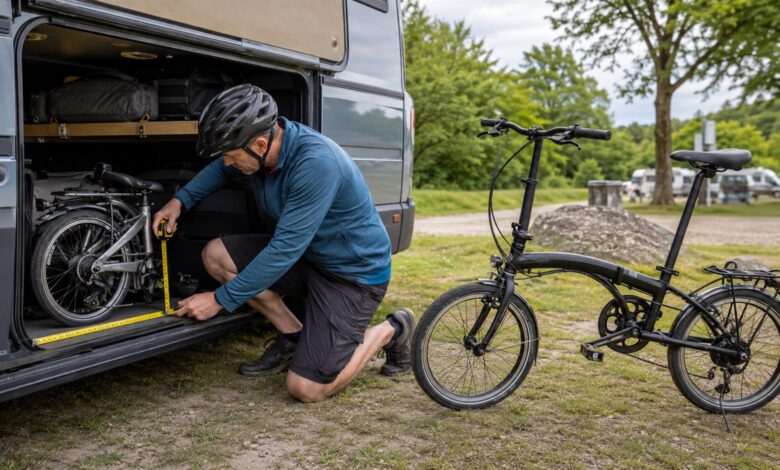Camper misst ein gefaltetes Klapprad im Stauraum eines Wohnmobils