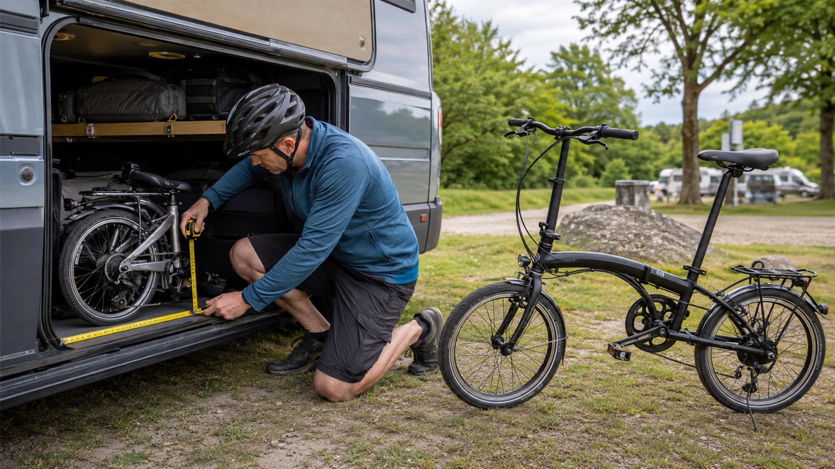 Camper misst ein gefaltetes Klapprad im Stauraum eines Wohnmobils