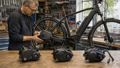 Mechaniker vergleicht mehrere Mittelmotoren neben einem Trekking-E-Bike