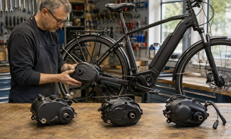 Mechaniker vergleicht mehrere Mittelmotoren neben einem Trekking-E-Bike