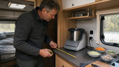 Ungebrandeter Multifunktionskocher mit Strommessgerät in einer Wohnmobilküche