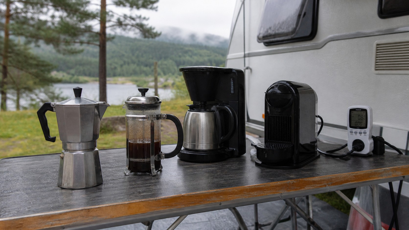 Vier unterschiedliche Kaffeezubereiter auf einem Campingtisch vor einem Wohnwagen
