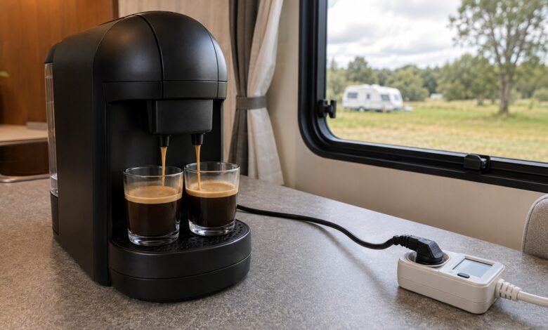 Kompakte Zwei-Tassen-Kaffeemaschine mit korrekt angeschlossenem Strommessgerät im Wohnmobil