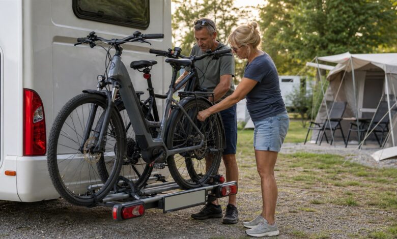 Camper sichern zwei E-Bikes auf einem Heckträger am Wohnmobil