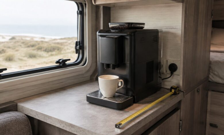 Kompakter Kaffeevollautomat mit Maßband auf der Arbeitsfläche eines Wohnmobils