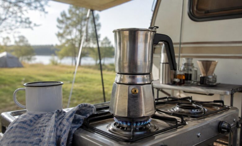 Edelstahl-Espressokocher auf der Gasflamme eines Campingkochers