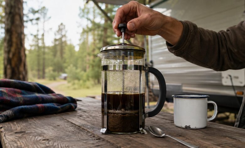 French Press wird auf einem Campingtisch von Hand heruntergedrückt