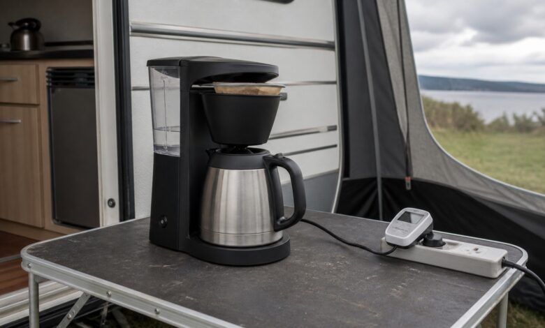 Kompakte Filterkaffeemaschine mit Thermokanne und Strommessgerät im Vorzelt