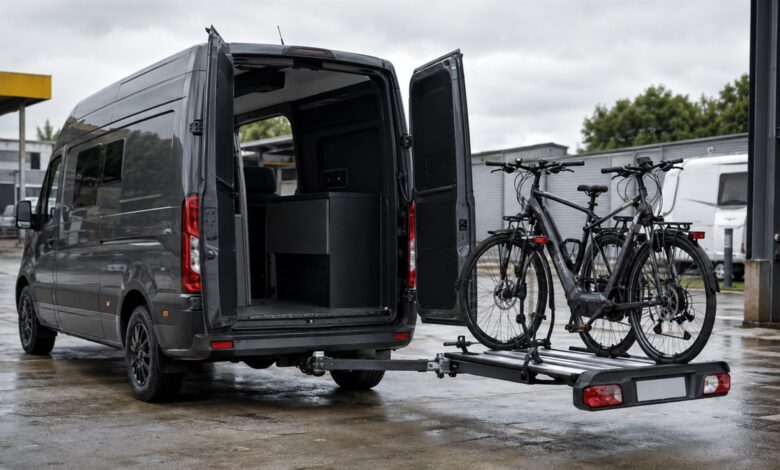 Ausgeschwenkter Fahrradträger mit zwei Rädern an einem Kastenwagen