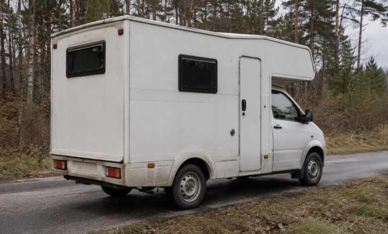 Kompaktes einfaches Wohnmobil auf kleiner Transporterbasis an einer Landstraße