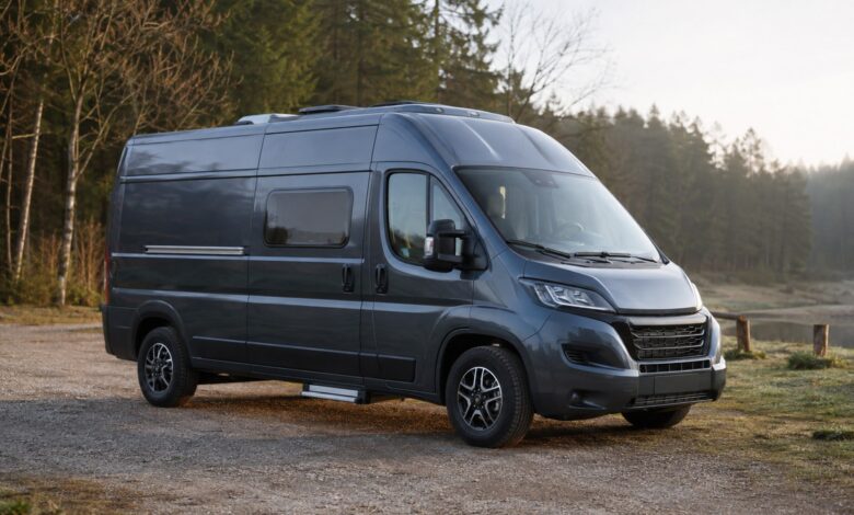 Dunkelgrauer Kastenwagen-Camper der Malibu-Van-640-Klasse am Waldrand
