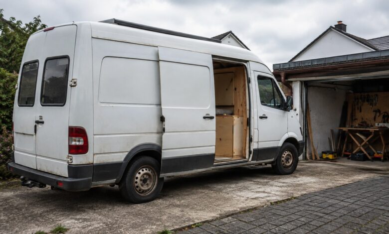 Älterer weißer Kastenwagen beim Ausbau zum Wohnmobil auf einer Einfahrt