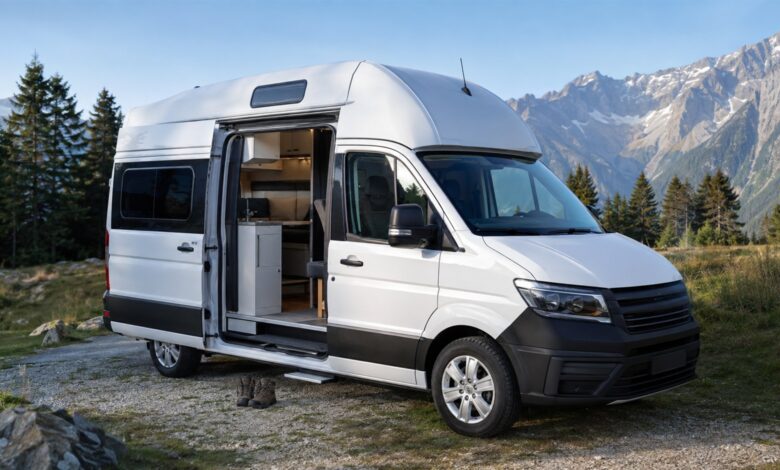 Weißer Hochdach-Campervan mit geöffneter Schiebetür auf einem Alpenstellplatz