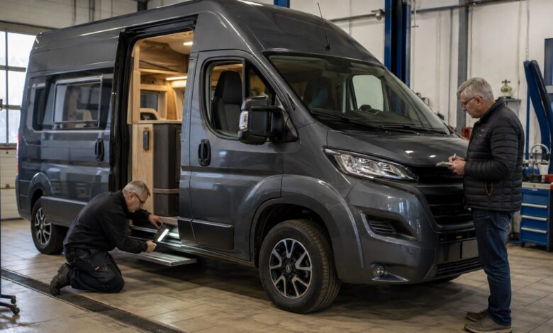 Dunkelgrauer Campervan bei der technischen Kontrolle in einer Werkstatt