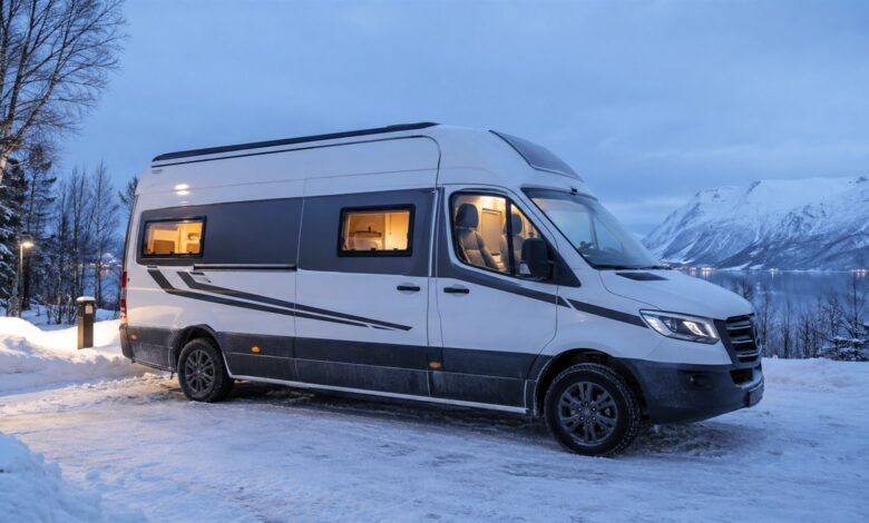 Weiß-grauer winterfester Campervan auf einem verschneiten Stellplatz
