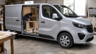 Silberner Transporter mit geöffneter Schiebetür beim Einbau einer Holzeinrichtung