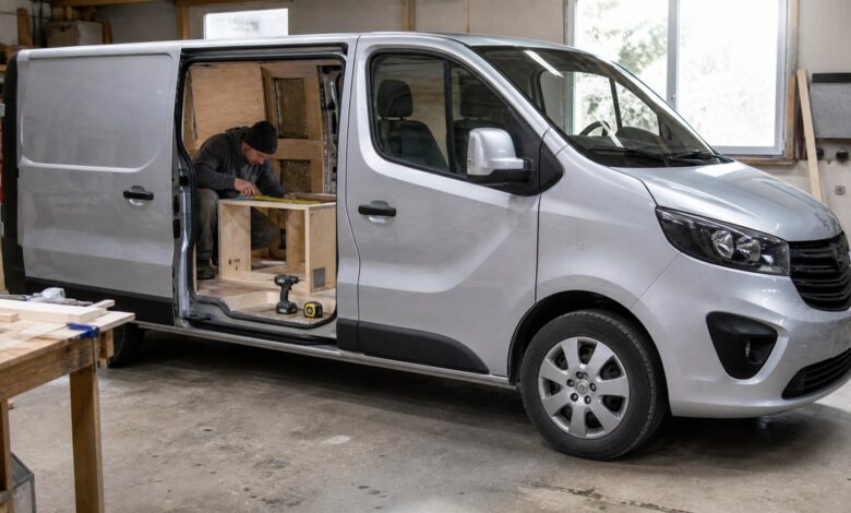 Silberner Transporter mit geöffneter Schiebetür beim Einbau einer Holzeinrichtung
